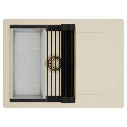 HD Onyx Beige 68-XL egymedencés mosogatótálca szett, matt fekete csepegtetőráccsal és krómozott kosárral, csepegtetőtálcával, soft bézs színben, szálcsiszolt arany leeresztő szifonnal