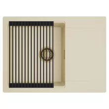 HD Onyx Beige 68-XL egymedencés mosogatótálca szett, matt fekete csepegtetőráccsal, csepegtetőtálcával, soft bézs színben, szálcsiszolt arany leeresztő szifonnal