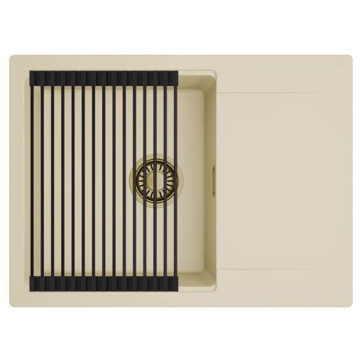 HD Onyx Beige 68-XL egymedencés mosogatótálca szett, matt fekete csepegtetőráccsal, csepegtetőtálcával, soft bézs színben, szálcsiszolt arany leeresztő szifonnal