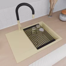 HD Onyx Beige 68-XL egymedencés mosogatótálca szett, matt fekete csepegtetőráccsal, csepegtetőtálcával, soft bézs színben, szálcsiszolt arany leeresztő szifonnal