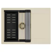 HD Onyx Beige 68-XL egymedencés mosogatótálca szett, acél csepegtetőráccsal és matt fekete kosárral, csepegtetőtálcával, soft bézs színben, szálcsiszolt arany leeresztő szifonnal