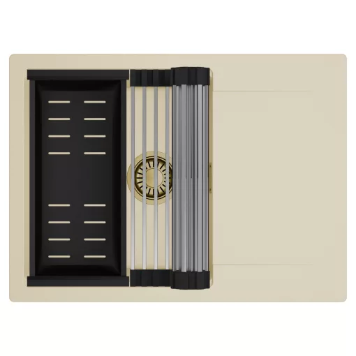 HD Onyx Beige 68-XL egymedencés mosogatótálca szett, acél csepegtetőráccsal és matt fekete kosárral, csepegtetőtálcával, soft bézs színben, szálcsiszolt arany leeresztő szifonnal