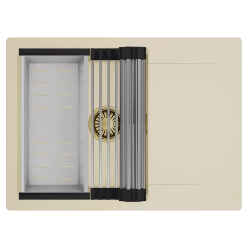 HD Onyx Beige 68-XL egymedencés mosogatótálca szett, acél csepegtetőráccsal és kosárral, csepegtetőtálcával, soft bézs színben, szálcsiszolt arany leeresztő szifonnal