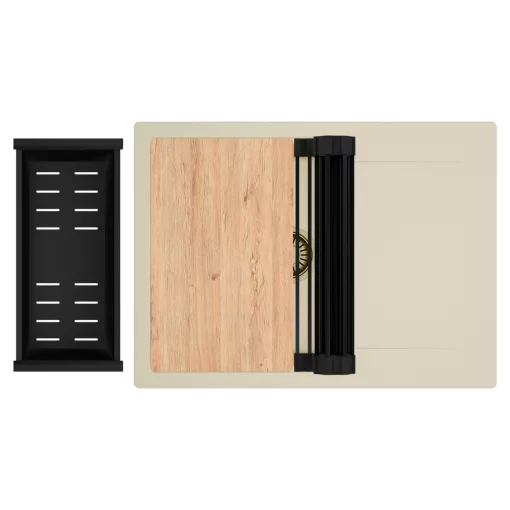 HD Onyx Beige 68-XL egymedencés gránit mosogatótálca szett, csepegtetőtálcával, vágódeszkával, matt fekete csepegtetőráccsal és kosárral, soft bézs színben, szálcsiszolt arany leeresztő szifonnal