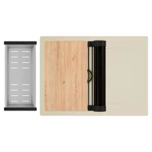 HD Onyx Beige 68-XL egymedencés gránit mosogatótálca szett, csepegtetőtálcával, vágódeszkával, matt fekete csepegtetőráccsal és krómozott kosárral, soft bézs színben, szálcsiszolt arany leeresztő szifonnal