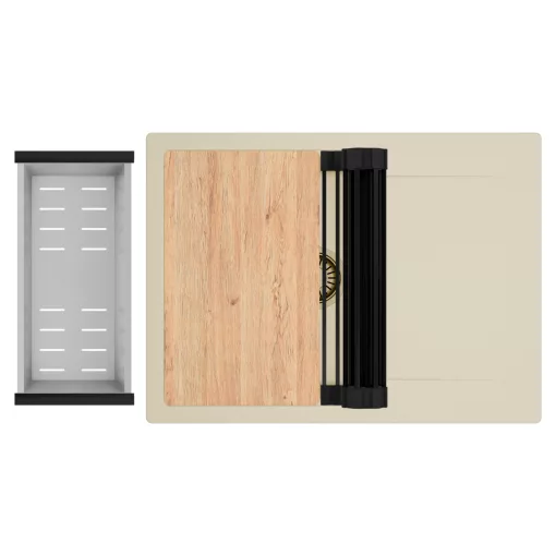 HD Onyx Beige 68-XL egymedencés gránit mosogatótálca szett, csepegtetőtálcával, vágódeszkával, matt fekete csepegtetőráccsal és krómozott kosárral, soft bézs színben, szálcsiszolt arany leeresztő szifonnal