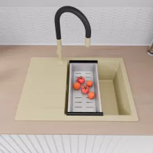 HD Onyx Beige 68-XL egymedencés gránit mosogatótálca szett, csepegtetőtálcával, vágódeszkával, matt fekete csepegtetőráccsal és krómozott kosárral, soft bézs színben, szálcsiszolt arany leeresztő szifonnal