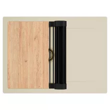 HD Onyx Beige 68-XL egymedencés gránit mosogatótálca szett, csepegtetőtálcával, vágódeszkával, matt fekete csepegtetőráccsal, soft bézs színben, szálcsiszolt arany leeresztő szifonnal