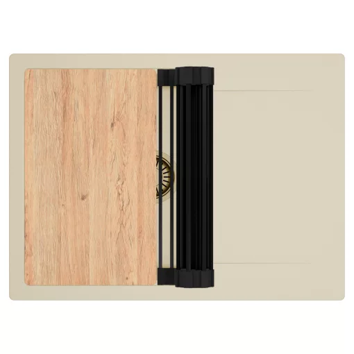 HD Onyx Beige 68-XL egymedencés gránit mosogatótálca szett, csepegtetőtálcával, vágódeszkával, matt fekete csepegtetőráccsal, soft bézs színben, szálcsiszolt arany leeresztő szifonnal