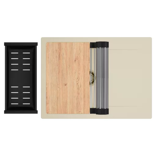 HD Onyx Beige 68-XL egymedencés gránit mosogatótálca szett, csepegtetőtálcával, vágódeszkával, acél csepegtetőráccsal és matt fekete kosárral, soft bézs színben, szálcsiszolt arany leeresztő szifonnal