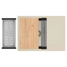 HD Onyx Beige 68-XL egymedencés gránit mosogatótálca szett, csepegtetőtálcával, vágódeszkával, acél csepegtetőráccsal és kosárral, soft bézs színben, szálcsiszolt arany leeresztő szifonnal