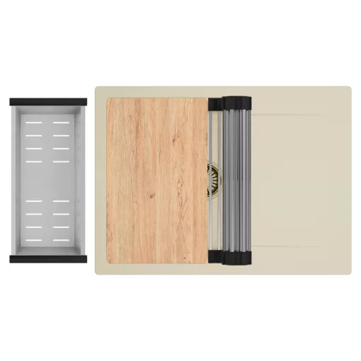 HD Onyx Beige 68-XL egymedencés gránit mosogatótálca szett, csepegtetőtálcával, vágódeszkával, acél csepegtetőráccsal és kosárral, soft bézs színben, szálcsiszolt arany leeresztő szifonnal