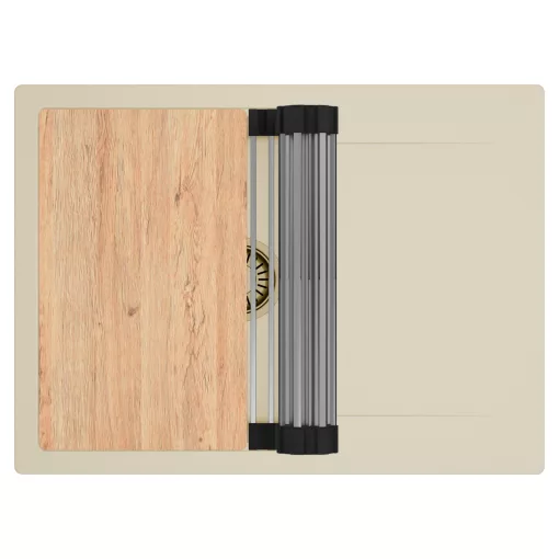 HD Onyx Beige 68-XL egymedencés gránit mosogatótálca szett, csepegtetőtálcával, vágódeszkával, acél csepegtetőráccsal, soft bézs színben, szálcsiszolt arany leeresztő szifonnal