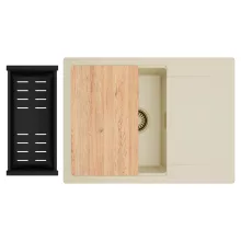 HD Onyx Beige 68-XL egymedencés gránit mosogatótálca szett, csepegtetőtálcával, vágódeszkával, matt fekete csepegtetőkosárral, soft bézs színben, szálcsiszolt arany leeresztő szifonnal