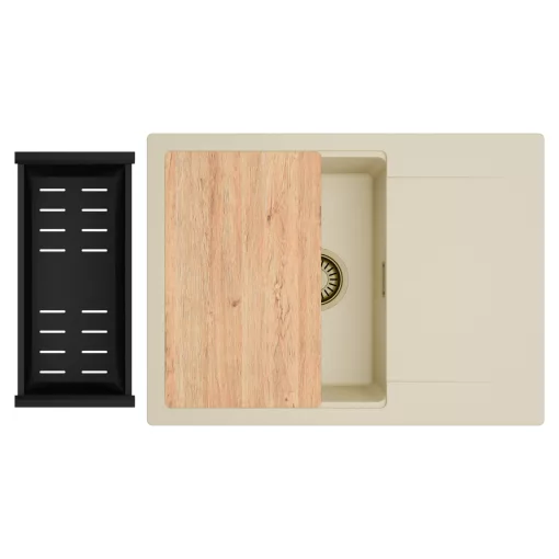 HD Onyx Beige 68-XL egymedencés gránit mosogatótálca szett, csepegtetőtálcával, vágódeszkával, matt fekete csepegtetőkosárral, soft bézs színben, szálcsiszolt arany leeresztő szifonnal