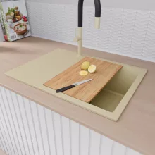 HD Onyx Beige 68-XL egymedencés gránit mosogatótálca szett, csepegtetőtálcával, vágódeszkával, matt fekete csepegtetőkosárral, soft bézs színben, szálcsiszolt arany leeresztő szifonnal