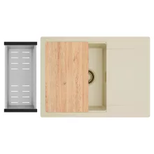 HD Onyx Beige 68-XL egymedencés gránit mosogatótálca szett, csepegtetőtálcával, vágódeszkával, acél csepegtetőkosárral, soft bézs színben, szálcsiszolt arany leeresztő szifonnal