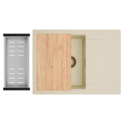 HD Onyx Beige 68-XL egymedencés gránit mosogatótálca szett, csepegtetőtálcával, vágódeszkával, acél csepegtetőkosárral, soft bézs színben, szálcsiszolt arany leeresztő szifonnal