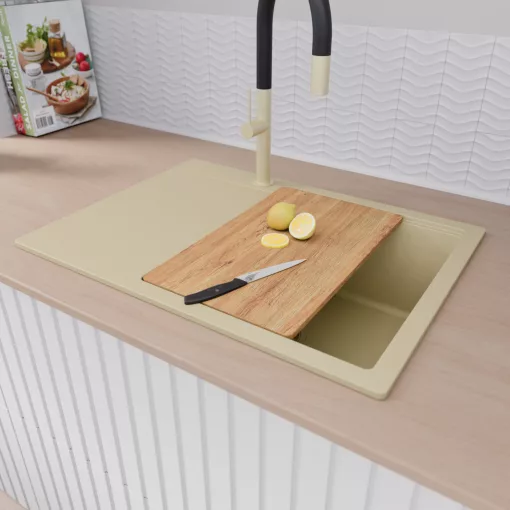 HD Onyx Beige 68-XL egymedencés gránit mosogatótálca szett, csepegtetőtálcával, vágódeszkával, acél csepegtetőkosárral, soft bézs színben, szálcsiszolt arany leeresztő szifonnal