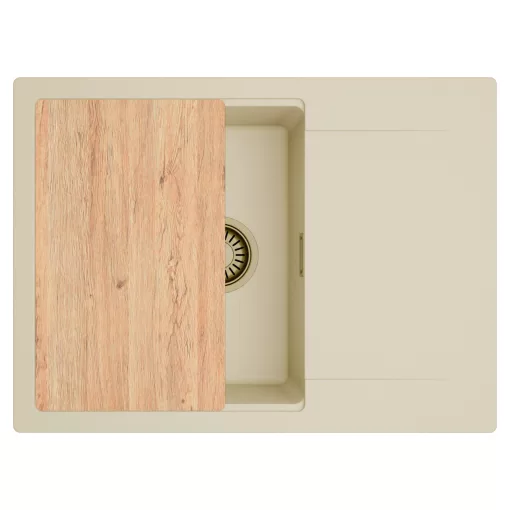 HD Onyx Beige 68-XL egymedencés gránit mosogatótálca, vágódeszkával, soft bézs színben, szálcsiszolt arany leeresztő szifonnal