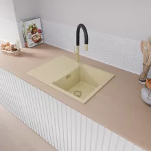 HD Onyx Beige 68-XL egymedencés gránit mosogatótálca, vágódeszkával, soft bézs színben, szálcsiszolt arany leeresztő szifonnal