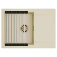 HD Onyx Beige 68-XL egymedencés mosogatótálca szett, acél csepegtetőráccsal, csepegtetőtálcával, soft bézs színben, szálcsiszolt arany leeresztő szifonnal