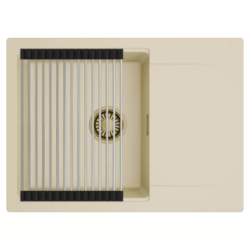 HD Onyx Beige 68-XL egymedencés mosogatótálca szett, acél csepegtetőráccsal, csepegtetőtálcával, soft bézs színben, szálcsiszolt arany leeresztő szifonnal