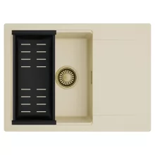 HD Onyx Beige 68-XL egymedencés mosogatótálca szett, matt fekete csepegtetőkosárral, csepegtetőtálcával, soft bézs színben, szálcsiszolt arany leeresztő szifonnal