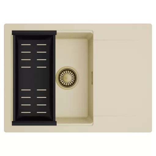 HD Onyx Beige 68-XL egymedencés mosogatótálca szett, matt fekete csepegtetőkosárral, csepegtetőtálcával, soft bézs színben, szálcsiszolt arany leeresztő szifonnal