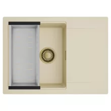 HD Onyx Beige 68-XL egymedencés mosogatótálca szett, acél csepegtetőkosárral, csepegtetőtálcával, soft bézs színben, szálcsiszolt arany leeresztő szifonnal