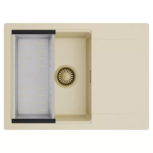 HD Onyx Beige 68-XL egymedencés mosogatótálca szett, acél csepegtetőkosárral, csepegtetőtálcával, soft bézs színben, szálcsiszolt arany leeresztő szifonnal