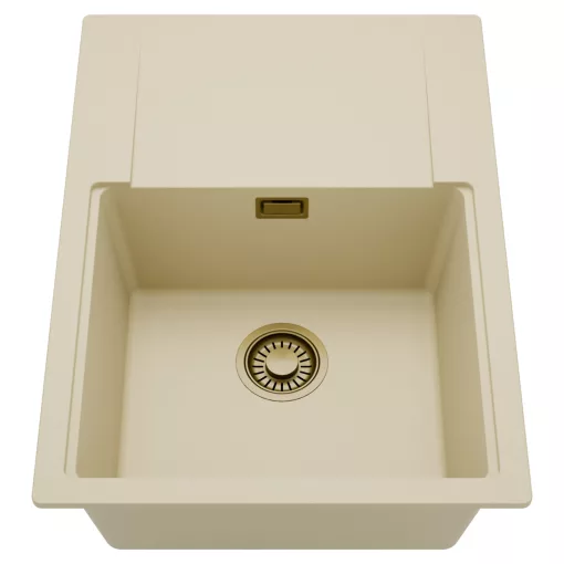 HD Onyx Beige 68-XL egymedencés mosogatótálca, csepegtetőtálcával, soft bézs színben, szálcsiszolt arany leeresztő szifonnal