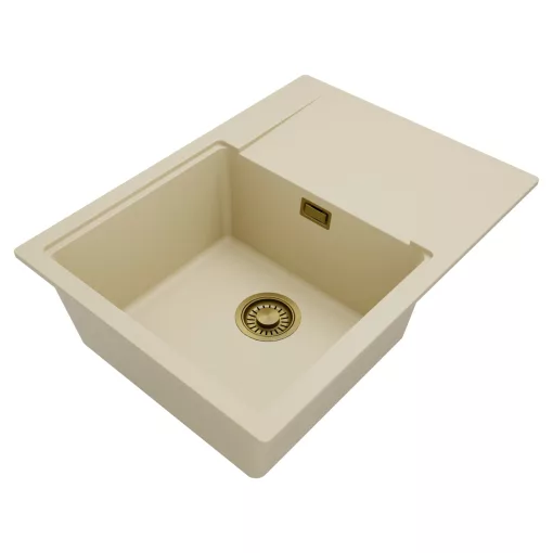 HD Onyx Beige 68-XL egymedencés mosogatótálca, csepegtetőtálcával, soft bézs színben, szálcsiszolt arany leeresztő szifonnal