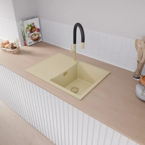 HD Onyx Beige 68-XL egymedencés mosogatótálca, csepegtetőtálcával, soft bézs színben, szálcsiszolt arany leeresztő szifonnal