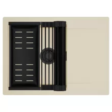 HD Onyx Beige 68-XL egymedencés mosogatótálca szett, matt fekete csepegtetőráccsal és kosárral, csepegtetőtálcával, soft bézs színben, matt fekete leeresztő szifonnal