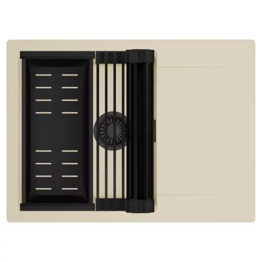 HD Onyx Beige 68-XL egymedencés mosogatótálca szett, matt fekete csepegtetőráccsal és kosárral, csepegtetőtálcával, soft bézs színben, matt fekete leeresztő szifonnal