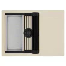 HD Onyx Beige 68-XL egymedencés mosogatótálca szett, matt fekete csepegtetőráccsal és krómozott kosárral, csepegtetőtálcával, soft bézs színben, matt fekete leeresztő szifonnal