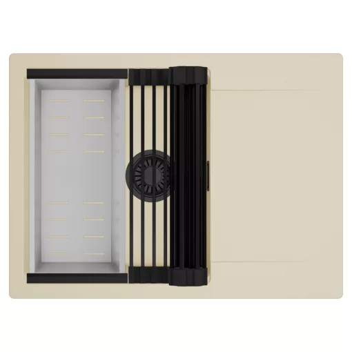 HD Onyx Beige 68-XL egymedencés mosogatótálca szett, matt fekete csepegtetőráccsal és krómozott kosárral, csepegtetőtálcával, soft bézs színben, matt fekete leeresztő szifonnal