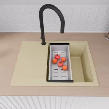 HD Onyx Beige 68-XL egymedencés mosogatótálca szett, matt fekete csepegtetőráccsal és krómozott kosárral, csepegtetőtálcával, soft bézs színben, matt fekete leeresztő szifonnal