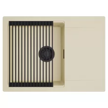 HD Onyx Beige 68-XL egymedencés mosogatótálca szett, matt fekete csepegtetőráccsal, csepegtetőtálcával, soft bézs színben, matt fekete leeresztő szifonnal