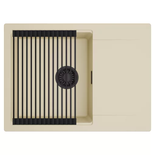 HD Onyx Beige 68-XL egymedencés mosogatótálca szett, matt fekete csepegtetőráccsal, csepegtetőtálcával, soft bézs színben, matt fekete leeresztő szifonnal