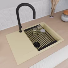 HD Onyx Beige 68-XL egymedencés mosogatótálca szett, matt fekete csepegtetőráccsal, csepegtetőtálcával, soft bézs színben, matt fekete leeresztő szifonnal