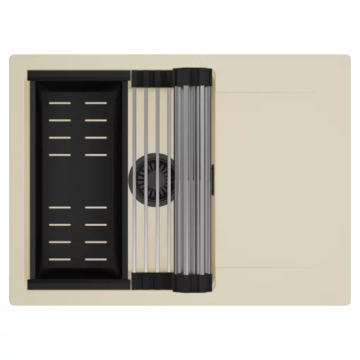 HD Onyx Beige 68-XL egymedencés mosogatótálca szett, acél csepegtetőráccsal és matt fekete kosárral, csepegtetőtálcával, soft bézs színben, matt fekete leeresztő szifonnal