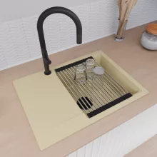 HD Onyx Beige 68-XL egymedencés mosogatótálca szett, acél csepegtetőráccsal és matt fekete kosárral, csepegtetőtálcával, soft bézs színben, matt fekete leeresztő szifonnal