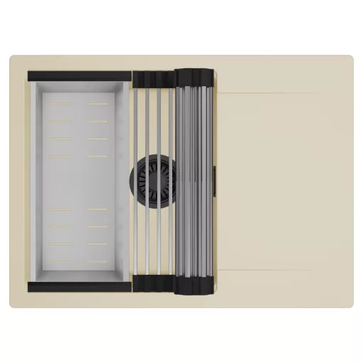 HD Onyx Beige 68-XL egymedencés mosogatótálca szett, acél csepegtetőráccsal és kosárral, csepegtetőtálcával, soft bézs színben, matt fekete leeresztő szifonnal