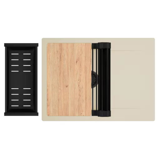 HD Onyx Beige 68-XL egymedencés gránit mosogatótálca szett, csepegtetőtálcával, vágódeszkával, matt fekete csepegtetőráccsal és kosárral, soft bézs színben, matt fekete leeresztő szifonnal