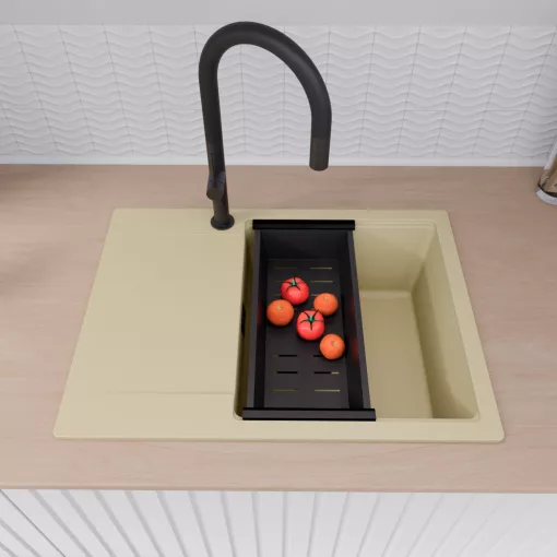 HD Onyx Beige 68-XL egymedencés gránit mosogatótálca szett, csepegtetőtálcával, vágódeszkával, matt fekete csepegtetőráccsal és kosárral, soft bézs színben, matt fekete leeresztő szifonnal