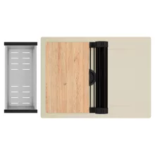 HD Onyx Beige 68-XL egymedencés gránit mosogatótálca szett, csepegtetőtálcával, vágódeszkával, matt fekete csepegtetőráccsal és krómozott kosárral, soft bézs színben, matt fekete leeresztő szifonnal