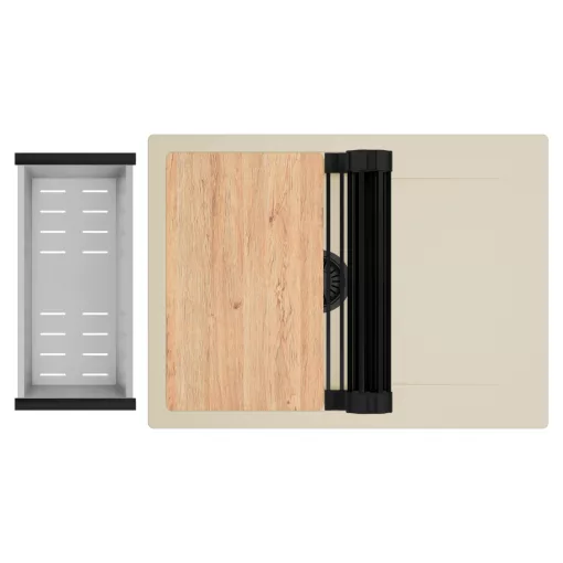 HD Onyx Beige 68-XL egymedencés gránit mosogatótálca szett, csepegtetőtálcával, vágódeszkával, matt fekete csepegtetőráccsal és krómozott kosárral, soft bézs színben, matt fekete leeresztő szifonnal