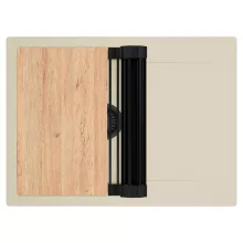 HD Onyx Beige 68-XL egymedencés gránit mosogatótálca szett, csepegtetőtálcával, vágódeszkával, matt fekete csepegtetőráccsal, soft bézs színben, matt fekete leeresztő szifonnal